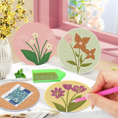 DOTSOPS 6 Pack Flower Diamond Art Coasters with Holder for Adults 4 in - color: A-Flowers