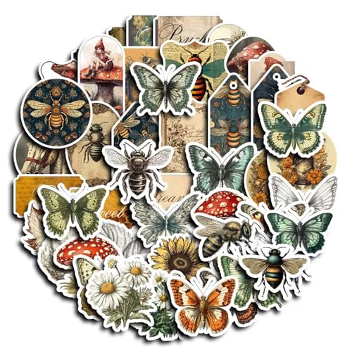 50Pcs Vintage Stickers,Waterproof Vinyl Aesthetic Decorative Sticker Scrapbooking Supplies for Adult Card Making Letters Planner Journaling Junk Journal DIY Water Bottles Cards Art Craft.Butterfly - color: Butterfly