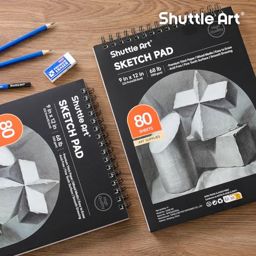 Artists Sketch Books, 9 x 12 Shuttle Art 160 Sheets of Sketch Paper pad Ideal for Drawing and School Supplies (2 Pack) - size: 80 Sheets x2