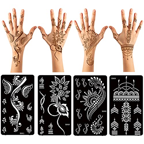 XMASIR 12 Sheets Henna Tattoo Stencils, Glitter Airbrush Hand Temporary Tattoo Stickers Indian Arabian Self Adhesive Tattoo Templates (S5-12P) - size: S5-12P