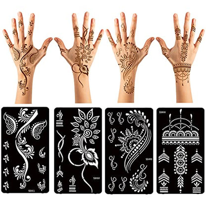 XMASIR 12 Sheets Henna Tattoo Stencils, Glitter Airbrush Hand Temporary Tattoo Stickers Indian Arabian Self Adhesive Tattoo Templates (S5-12P) - size: S5-12P