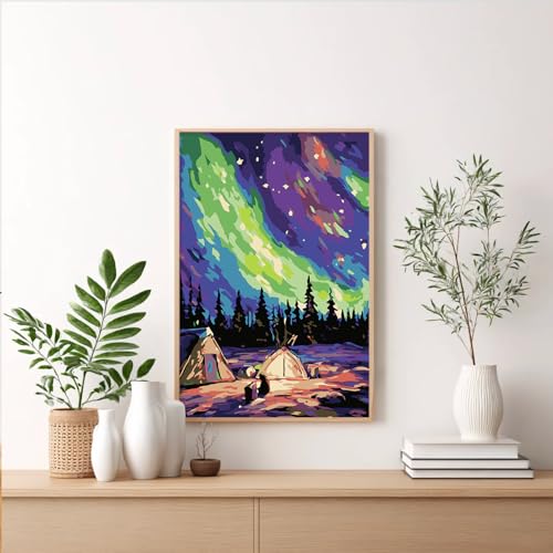 Framed Paint by Numbers Kit for Adults Beginner & Kids Ages 8-12, Aurora Landscape Adult Paint by Number Kits on Canvas with Frame, DIY Number Painting for Adults for Home Wall Decor Gift 8 x 12 Inch - color: XM-OP-F-Aurora-2030