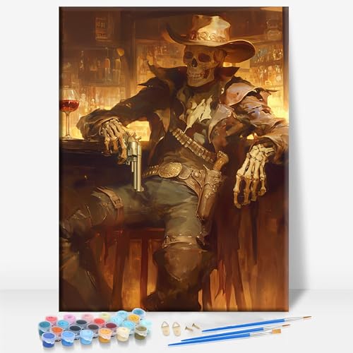Aeontinity Wild WEST Remains Skeleton Cowboy Gothic Framed Canvas DIY Paint by Numbers Kit Bar Cafe Cave Home Room Wall Bathroom Porch Patio Decor Gift, 16 x 12 Inch - color: WILD WEST REMAINS SKELETON COWBOY