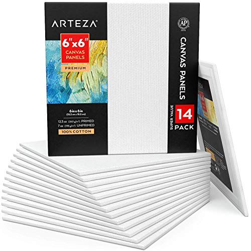 ARTEZA Canvas Panels for Painting, 14 x 6 x 6 Inches, 100% Cotton, Gesso-Primed, Lightweight, Nontoxic, Acid-Free, for Adults and Teens, Oil and Acrylic Painting, Pack of 14 - size: 6 x 6 (Pack of 14)