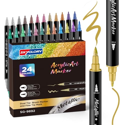 24 Color Dual Tip Metallic Acrylic Paint Pens for Rock Painting, Metallic Marker Pens & Paint Marker for DlY Arts & Crafts, Wood, Non-Toxic Craft Supplies-Fine & Brush Tips for Multi-Surface Art