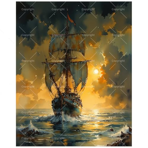 Nautical Paint by Numbers Kit for Adults - DIY Tall Ship Sailing at Sunset Painting on Canvas 16x20 Inches, Acrylic Paint Set, Suitable for Beginners, Ocean Art for Home Decoration or Gifts - color: TCXY05383, size: 16X20IN Folded