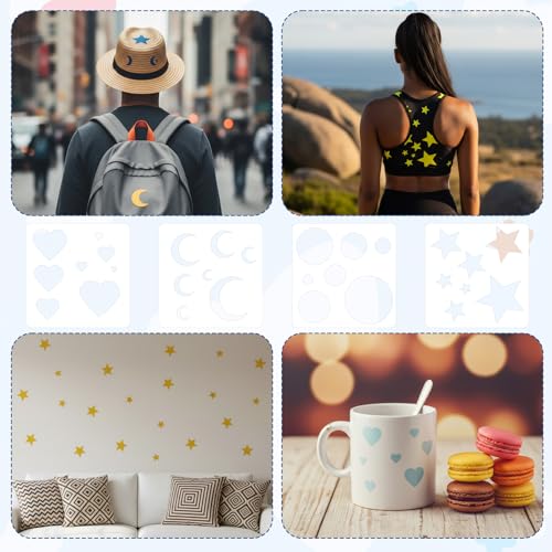 8Pcs Moon and Star Stencil, Small Reusable Plastic Art Craft Templates for Painting, Moon Star Heart and Circle Stencils for Fabric Walls, Arts, Wood, Paper, Home Decoration DIY Craft Projects