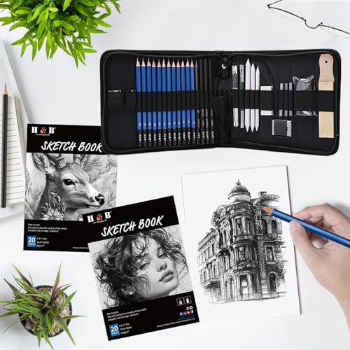 H & B 36 Pack Drawing Set Sketch Kit,Sketching Supplies with 2 sketch pad, Graphite Pencils, Charcoal Sticks, Eraser, Pro Art Drawing Kit for Artists Beginner Adults, Ideal for Shading, Blending - size: 36 Piece Set