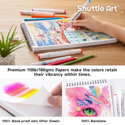 Shuttle Art Marker Pad, 70 Sheets, Spiral-Bound, 12”x9”, 110LB/180GSM Paper | Portable Sketchbook, Smooth Surface, Alcohol Markers Bleedproof Art Paper Great for Artists to Draw, Paint & Sketch - size: 12x9 inch