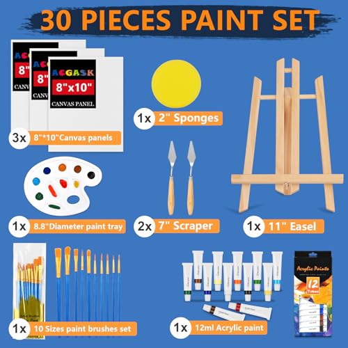 ACKASK Painting Kits for Adults Kids,Acrylic Paint Canvas Easel Set,30 Pcs Drawing Painting Supplies Art Kit,12 Paints,10 Painting Brushes,Palettes Etc,Art Set Art Supplies for Kids Adults Artists