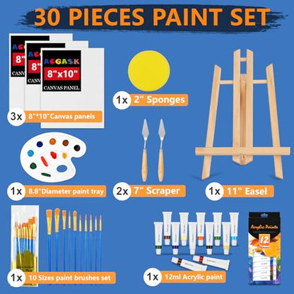ACKASK Painting Kits for Adults Kids,Acrylic Paint Canvas Easel Set,30 Pcs Drawing Painting Supplies Art Kit,12 Paints,10 Painting Brushes,Palettes Etc,Art Set Art Supplies for Kids Adults Artists