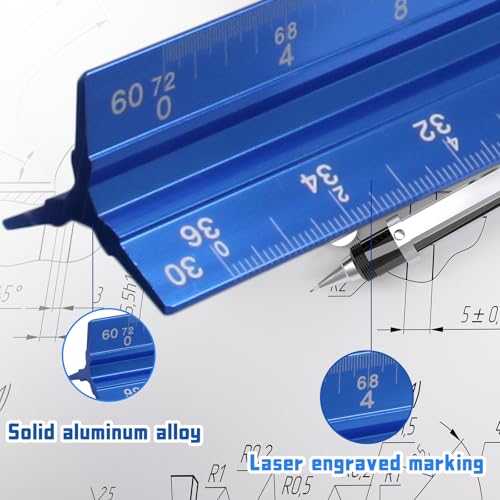 Biaungdo 3 Pack Architect Engineer Scale Ruler 12 Inch Blue for Drafting | Laser-Etched Precision Markings, Dual Imperial Metric Scales, Includes Metal Ruler, For Architects Engineers Students