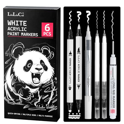 LIULIUCAI 6Pcs White Pens Set, White Gel Pen, Dual-Tip Acrylic Paint Pen | White Ink Pens, Long Nib Marker, Opaque Brush Tip Acrylic Markers for Black Paper Drawing, Sketching, Illustration, Card