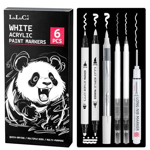 LIULIUCAI 6Pcs White Pens Set, White Gel Pen, Dual-Tip Acrylic Paint Pen | White Ink Pens, Long Nib Marker, Opaque Brush Tip Acrylic Markers for Black Paper Drawing, Sketching, Illustration, Card