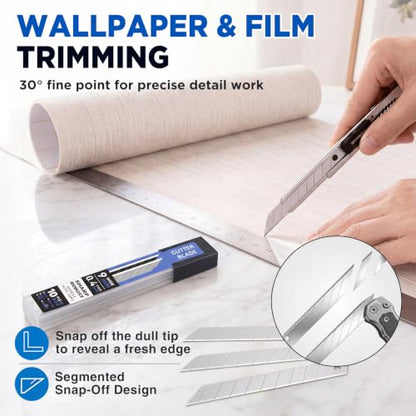 Hicarer 300 Pack 9mm Snap off Utility Knife Blades, 30 Degree Sk2 Carbon Steel Knife Replacement Blades with 30 Storage Cases for Box Cutter Craft Vinyl Wallpaper Cardboard Cutting