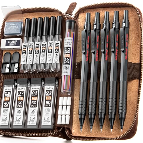 Nicpro 20PCS Black Metal Mechanical Pencil Set in Leather Case - color: Black, size: 20pcs