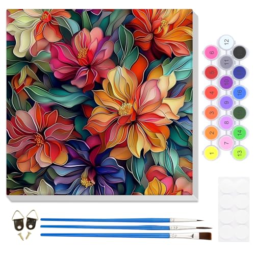 HEIBAGO Framed Paint by Numbers Kit Flowers for Adults, Paint by Numbers for Adults Beginner, Adult Paint by Number Kits on Canvas, DIY Painting by Numbers for Gift Home Wall Decor 12x12 Inch - color: Flowers-6