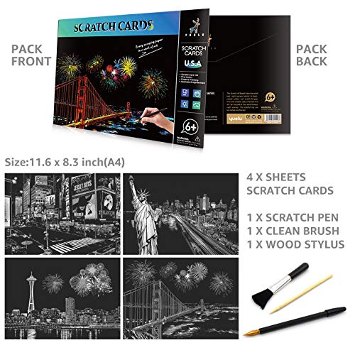 4-Sheet Rainbow Scratch Art with Tools for Adults & Teens, A4 America Paper - color: Golden,Gray