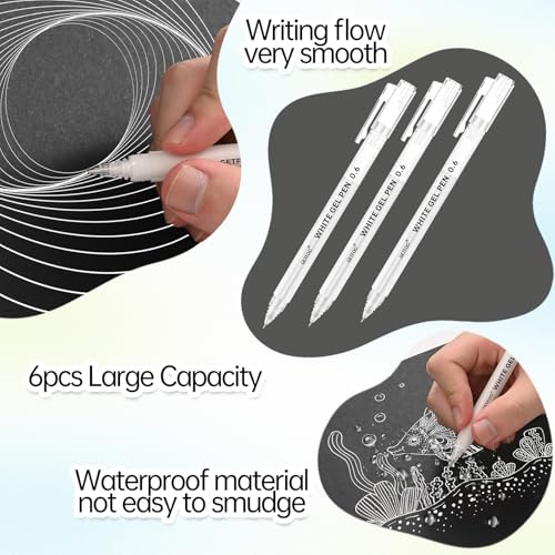 6 Pack White Gel Pens, 0.6mm Fine Point, Archival Opaque White Ink - size: 0.6mm