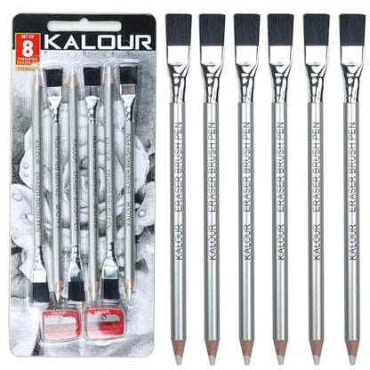 KALOUR Detail Eraser Pencil - 6pc Pencils with Brush and 2pc Sharpener,Erasing Small Details or add Highlights for Sketching, Charcoal Drawings. Fine Detail Eraser for Beginners & Artists