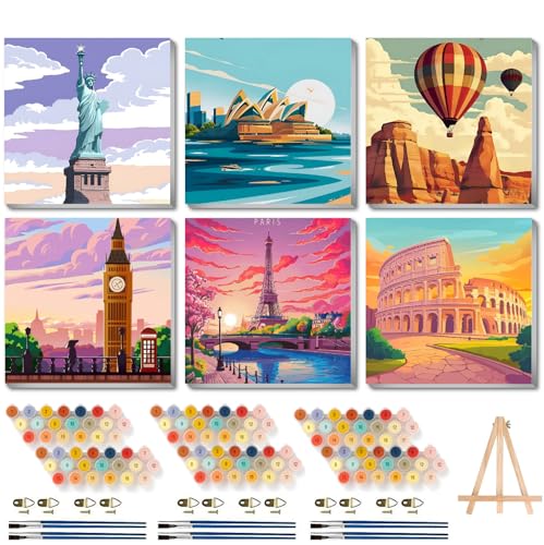 Canrichshop 6 Packs Paint by Numbers Kit for Adult Framed,City Landscape DIY Paint by Number on Canvas with Wooden Easel,Acrylic Oil Famous Buildings Painting Kit Adults for Decor 8x8inch - color: BKH2236~BKH2241