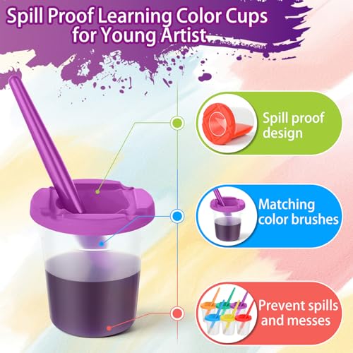 18 Set No-Mess Paint Cups with Lids and Brushes for Kids Paints，6 Colors | No-Spill Proof, Airtight Dual-Seal, Reusable, No-Messes, Art Supplies, for Toddler Painting, Classrooms or Summer Camps