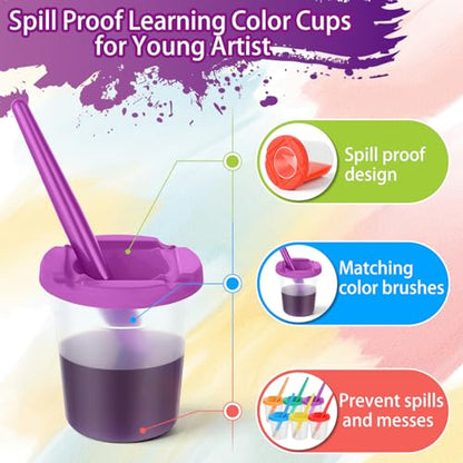 18 Set No-Mess Paint Cups with Lids and Brushes for Kids Paints，6 Colors | No-Spill Proof, Airtight Dual-Seal, Reusable, No-Messes, Art Supplies, for Toddler Painting, Classrooms or Summer Camps