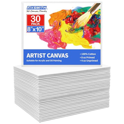 FIXSMITH Canvas for Painting, 8x10 Inch Canvas Boards, Super Value 30 Pack White Blank Canvas Panels, 100% Cotton Primed, Painting Art Supplies for Professionals, Hobby Painters, Students & Kids - size: 8"×10"