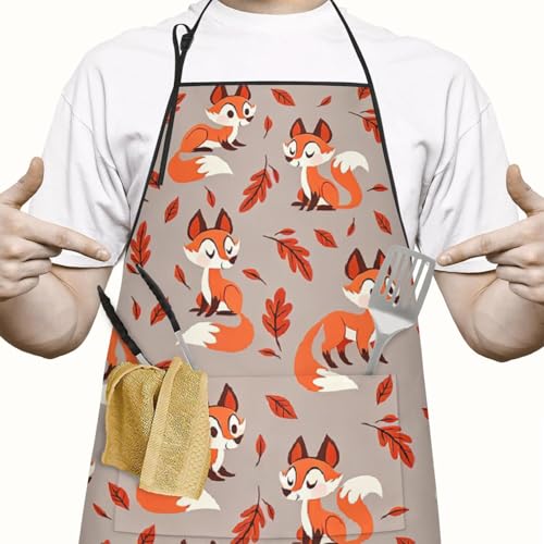 Apron with 2 Pockets,Kitchen Chef Artist Aprons for Cooking Gardening Baking Painting, Waterproof Apron 33" x 27" - color: Fox