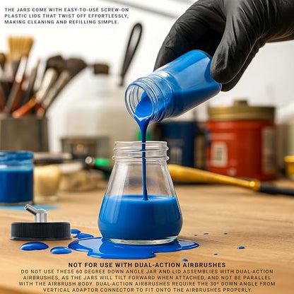 Master Airbrush (Pack of 10) TB-004 Empty 2.7-Ounce (80cc) Glass Jar Bottles with 60° Down Angle Adaptor Lid Assembly - Fits Single-Action Siphon Feed Airbrushes, Use with Master Badger Paasche, Iwata - size: 2.7oz - Glass - 60°