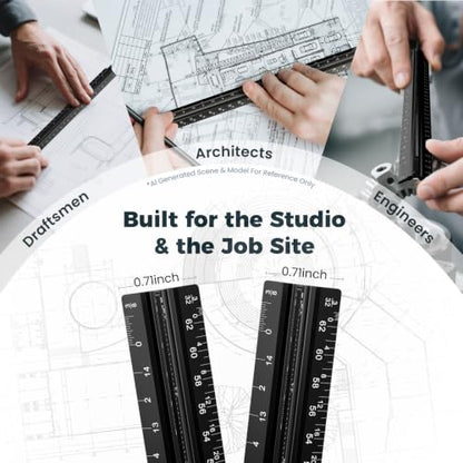 12 Inch Aluminum Architectural Scale Ruler, Aluminum Architect Ruler | Metal Ruler 12 Inch, Laser-Etched Markings, Clear Imperial Scale, Aluminum Body for Blueprints, Floor Plans and Drafting Work