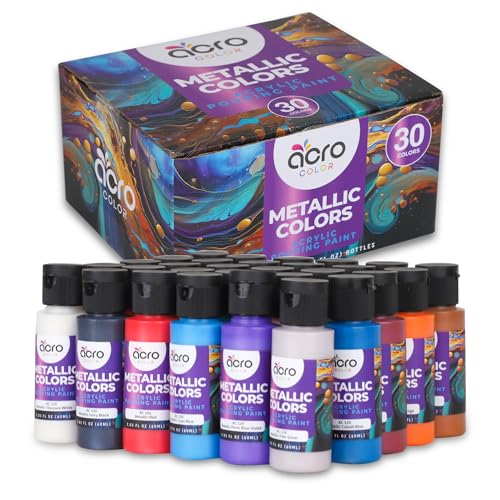 Acrylic Pouring Paint Set | 30 Vibrant Colors Including An Array Of Metallic, Neon & Pastel Paints | Pre Mixed, Ready to Use, High Flow Paint For Canvas, Paper, and More | 2 Ounces Per bottle - style: Metallic - 30 Colors