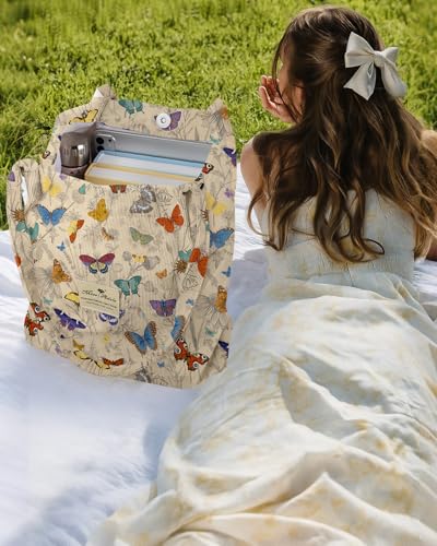 Miss Adola Corduroy Tote Bag for Women with Aesthetic Design | Magnetic Buckle & Pocket, Reusable, Soft, Roomy, Long Shoulder Handles, Double-sided Print, Casual Daily Work, Grocery Bags - color: Butterfly Line Flower