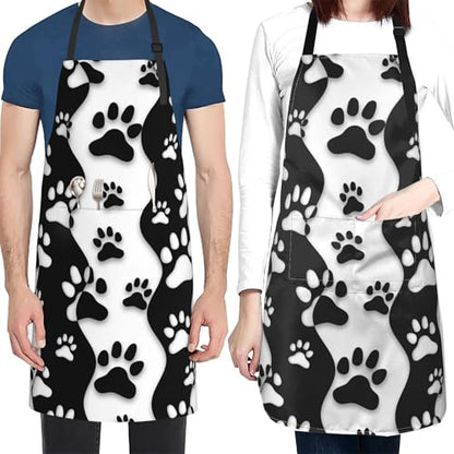 Art Apron with Pocket for Women Men | Kitchen Aprons Chef Apron for Cooking Baking BBQ Painting Gardening - color: Black White Dog Paws