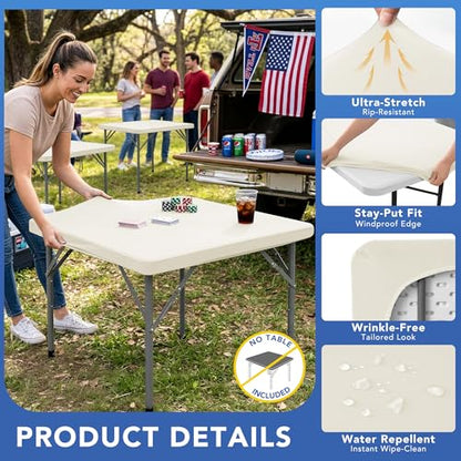Card Table Covers Square Fitted Elastic Table Cloth-2 Pack Cream 36x36 Inch | Spandex Stretch Windproof Washable Folding Card Tablecloths-Small Topper Outdoor Camping Dining Patio Kitchen Banquet Party - color: Cream, size: 36'' x 36'' | 2 Pack