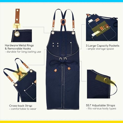 MEEDEN Painting Apron for Men Women: Adjustable Cross Back Waterproof | Polyester Canvas Art Apron with 3 Pockets - Artist Apron for Acrylic Oil & Watercolor Painting, Gardening, Cooking - Navy - color: Navy