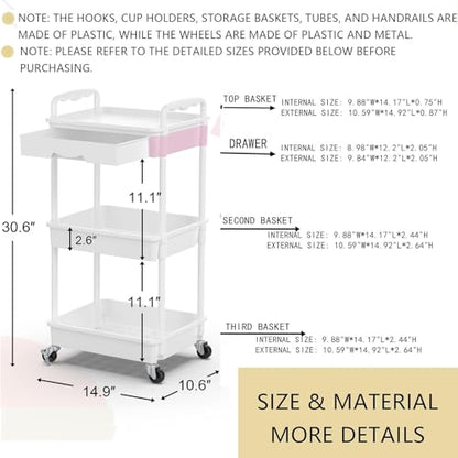 Goovilla 3 Tier Rolling Utility Cart Organizer with Removable Drawer, White | Stable and Sturdy Rolling Storage Carts with 2 Lockable Wheels for Bathroom, Kitchen, Snack, Craft, Makeup, Baby Essentials - size: 3 Tier, style: White