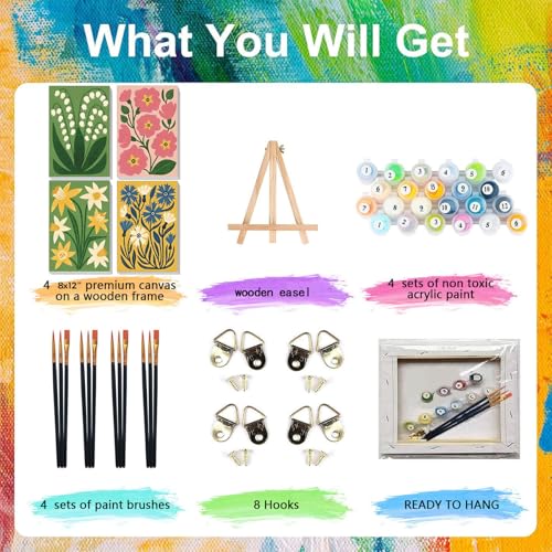 4 Pack Flower Paint by Numbers for Adults with Framed Canvas - Wooden Easel - color: BKH2304+BKH2305+BKH2306+BKH2307