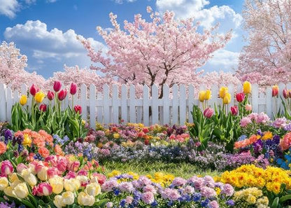 7x5FT Spring Garden Backdrop Secret Floral Garden Tulip Peach Blossom White Fence Backdround for Spring Easter Birthday Party Decoration Vinyl - size: 7x5FT