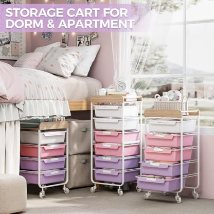 SYKIARIOL Utility Cart with 5 Labeling Drawers and Wooden Tabletop,Purple - color: Dreamy Color, size: 5-Drawer