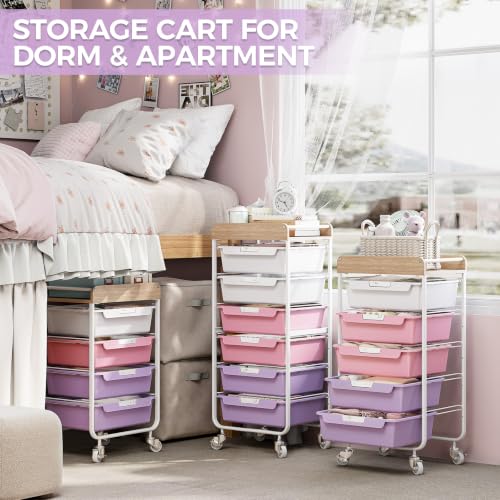 SYKIARIOL Utility Cart with 6 Labeling Drawers and Wooden Tabletop - color: Dreamy Color, size: 6-Drawer
