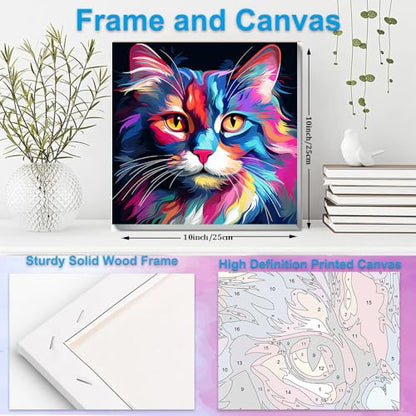 Artunion Framed Paint by Numbers Kit for Adults Beginners & Kids Ages 8-12,Colorful Cat Paint by Number with Frame,Easy Acrylic Paint by Numbers Kit on Canvas 10 * 10 Inch Without Easel - color: ZXT-182-F