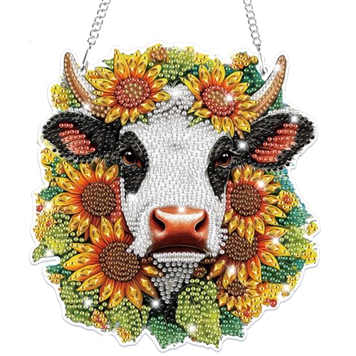 Bowetile Hanging Diamond Art Cow Kits for Adults, 5D Special Shape Diamond Painting Sunflower Kits, Animal Diamond Gem Art Suncatchers Painting Pendant Ornament for Home Garden Wall Decor - color: Cow