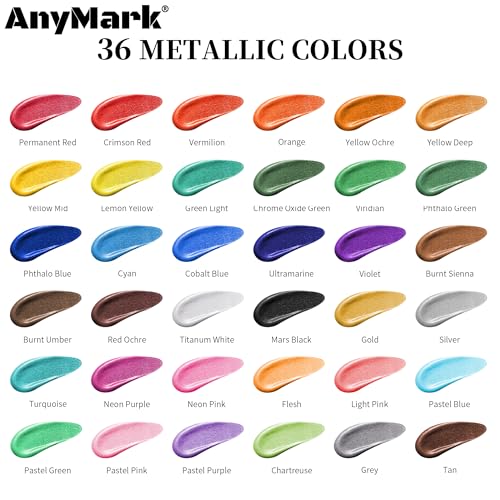 AnyMark Metallic Acrylic Paint, 36 Colors Acrylic Paint Set with 12 Brushes - color: Metallic