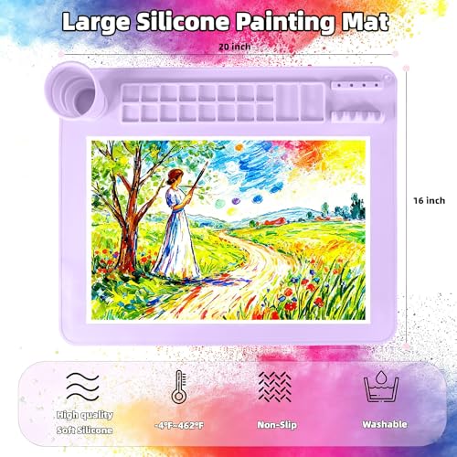 Silicone Painting Mat, 20"X16" Craft Mat,Large Art Mat Clay Mats | Paintbrush Holder, Nonslip Color Dividers Silicone Mats with Built in Cup for Painting, Table, Resin and DIY Purple - color: Purple