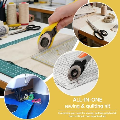 Rotary Cutter Set with A3 Self-Healing Cutting Mat, Fabric Scissors, 2 Blades, Quilting Ruler, Sewing Ruler & Sewing Clips – All-in-One Kit for Quilting, Patchwork, Sewing & Crafting - color: Rotary Cutter Set 3