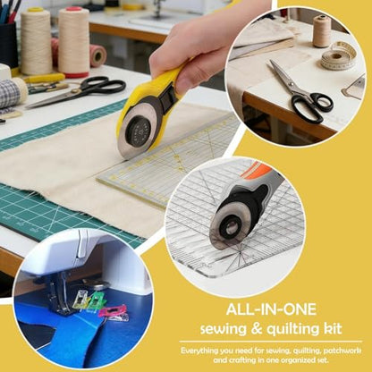 Rotary Cutter Set with A3 Self-Healing Cutting Mat, Fabric Scissors, 2 Blades, Quilting Ruler, Sewing Ruler & Sewing Clips – All-in-One Kit for Quilting, Patchwork, Sewing & Crafting - color: Rotary Cutter Set 3