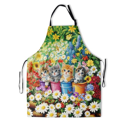 Funny Apron Polyester Grooming Aprons with Pocket for Cooking Kitchen Grilling Adults - color: Spring Cat Mulit