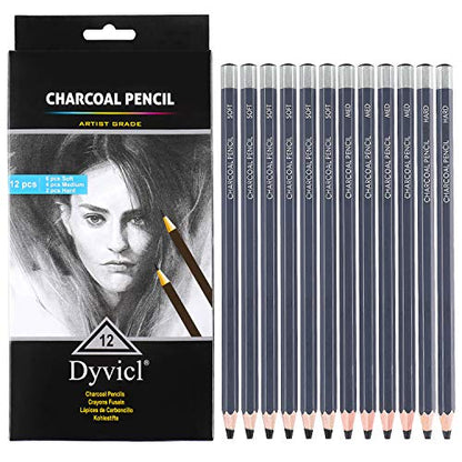 Dyvicl Professional Charcoal Pencils Drawing Set - 12 Pieces Soft Medium and Hard Charcoal Pencils for Drawing, Sketching, Shading, Artist Pencils for Beginners & Artists