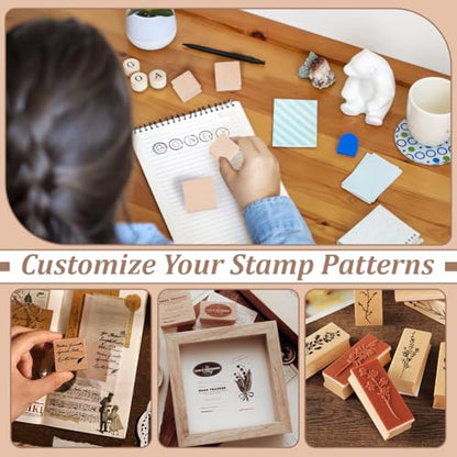BENECREAT 40Pcs Wooden Stamp Blocks, 5 Sizes Blank Rubber Stamp Mounts with Rubber Stamp Sheet, Laser Engraving Rubber Seal Accessories for Crafts DIY